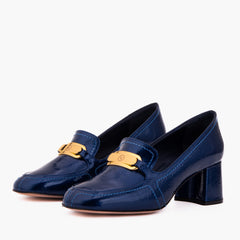 The Victoria Navy Blue Leather Block Heel Pump Shoe - Vinci Leather
