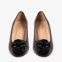 The Diva Black Leather Cap Toe Block Heel Pump Shoe - Vinci Leather