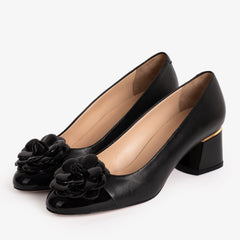 The Diva Black Leather Cap Toe Block Heel Pump Shoe - Vinci Leather