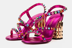 The Caris Fuchsia Block Heel Spike Leather Sandal Final Sale! - Vinci Leather