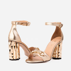 The Avlonya Block Heel Gold Leather Ankle Strap Sandal - Vinci Leather
