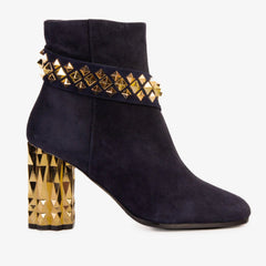 The Metal Navy Suede Leather Block Heel Boot - Vinci Leather