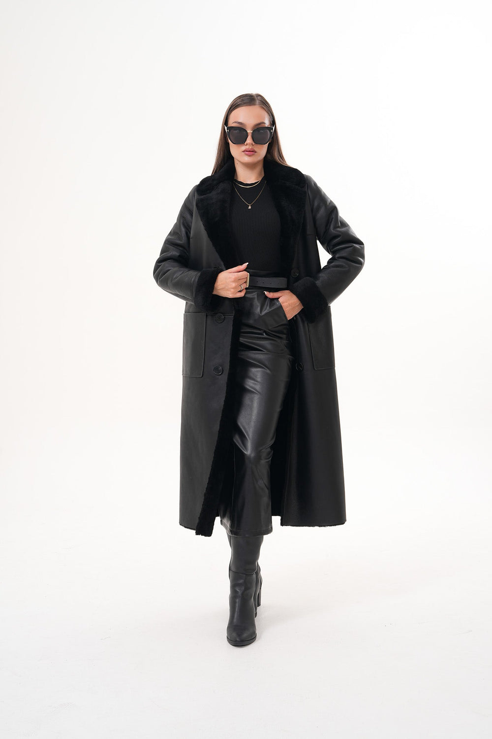 The Raven Long Shearling Black Leather Leather Jacket - Vinci Leather