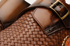 The Rolls Woven Tan Leather Single Monk Strap Handmade Shoe - Vinci Leather
