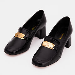 The Victoria Black Leather Block Heel Pump Shoe - Vinci Leather