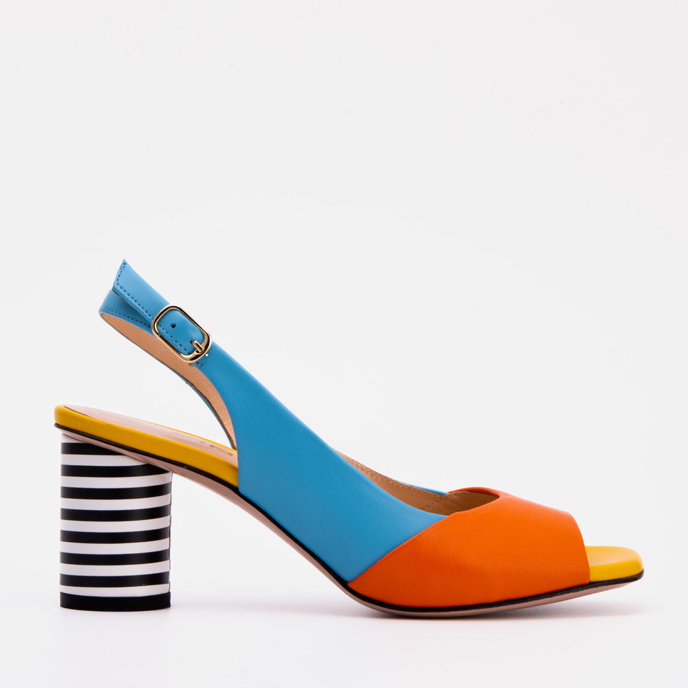 The Spectrum Blue \/ Orange Block Heel Leather Sandal - Vinci Leather