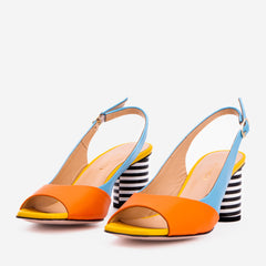 The Spectrum Blue \/ Orange Block Heel Leather Sandal - Vinci Leather