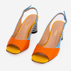 The Spectrum Blue \/ Orange Block Heel Leather Sandal - Vinci Leather