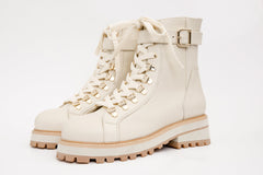 The Belgrano Cream Leather Lace-Up Ankle Boot With a Side Zipper - Vinci Leather