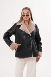 The Zurich Double-Breasted Cream Shearling Collar Leather Jacket - Vinci Leather