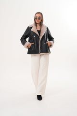 The Zurich Double-Breasted Cream Shearling Collar Leather Jacket - Vinci Leather