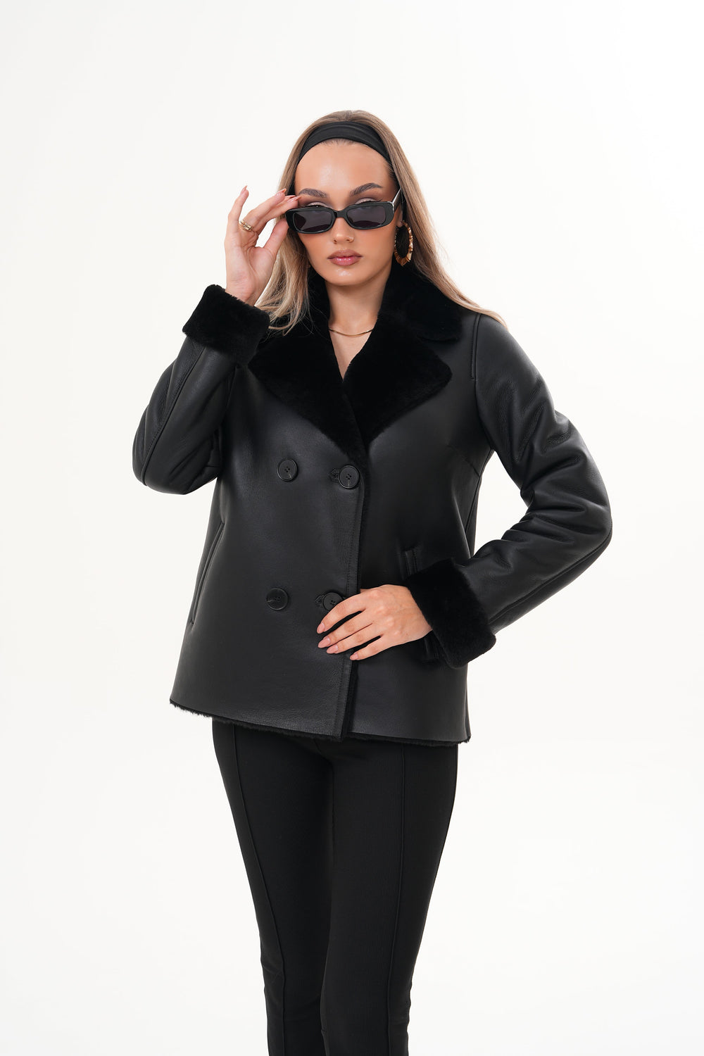 The Zurich Double-Breasted Black Shearling Leather Jacket - Vinci Leather