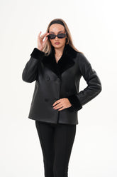 The Zurich Double-Breasted Black Shearling Leather Jacket - Vinci Leather