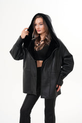 The Denali Hooded Black Shearling Leather Jacket - Vinci Leather