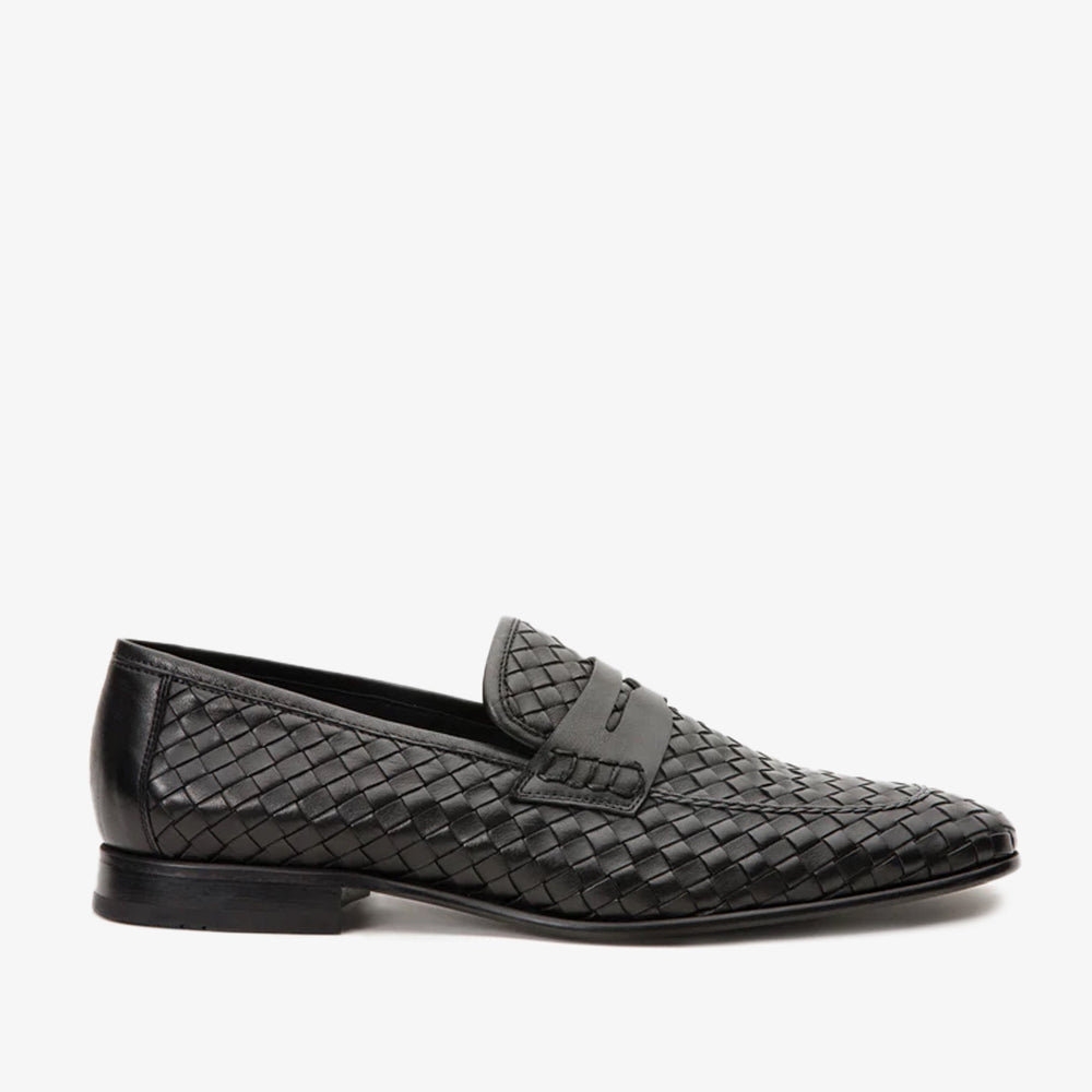 The Grand Woven Leather Black Shoe Penny Loafer - Vinci Leather