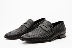 The Grand Woven Leather Black Shoe Penny Loafer - Vinci Leather