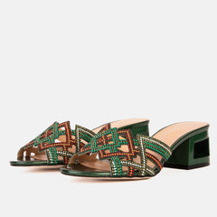 The Palma Green Glitter Leather Block Heel Sandal - Vinci Leather