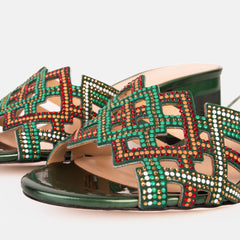 The Palma Green Glitter Leather Block Heel Sandal - Vinci Leather