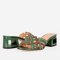 The Palma Green Glitter Leather Block Heel Sandal - Vinci Leather
