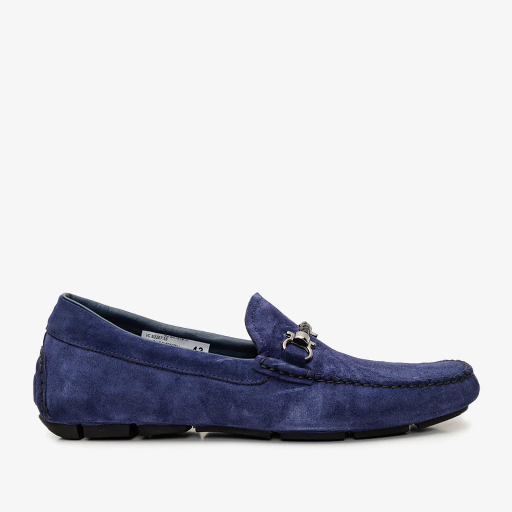 The Bari Navy Blue Suede Leather Bit Drive Loafer Shoe - Vinci Leather