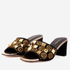 The Chantilly Black Glitter Leather Sandal - Vinci Leather