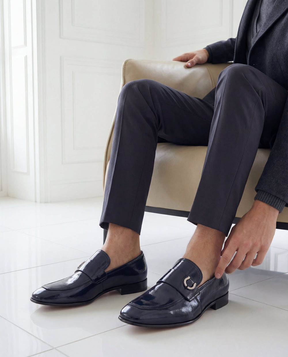 The Blackwell Navy Patent Bit Loafer Shoe - Vinci Leather