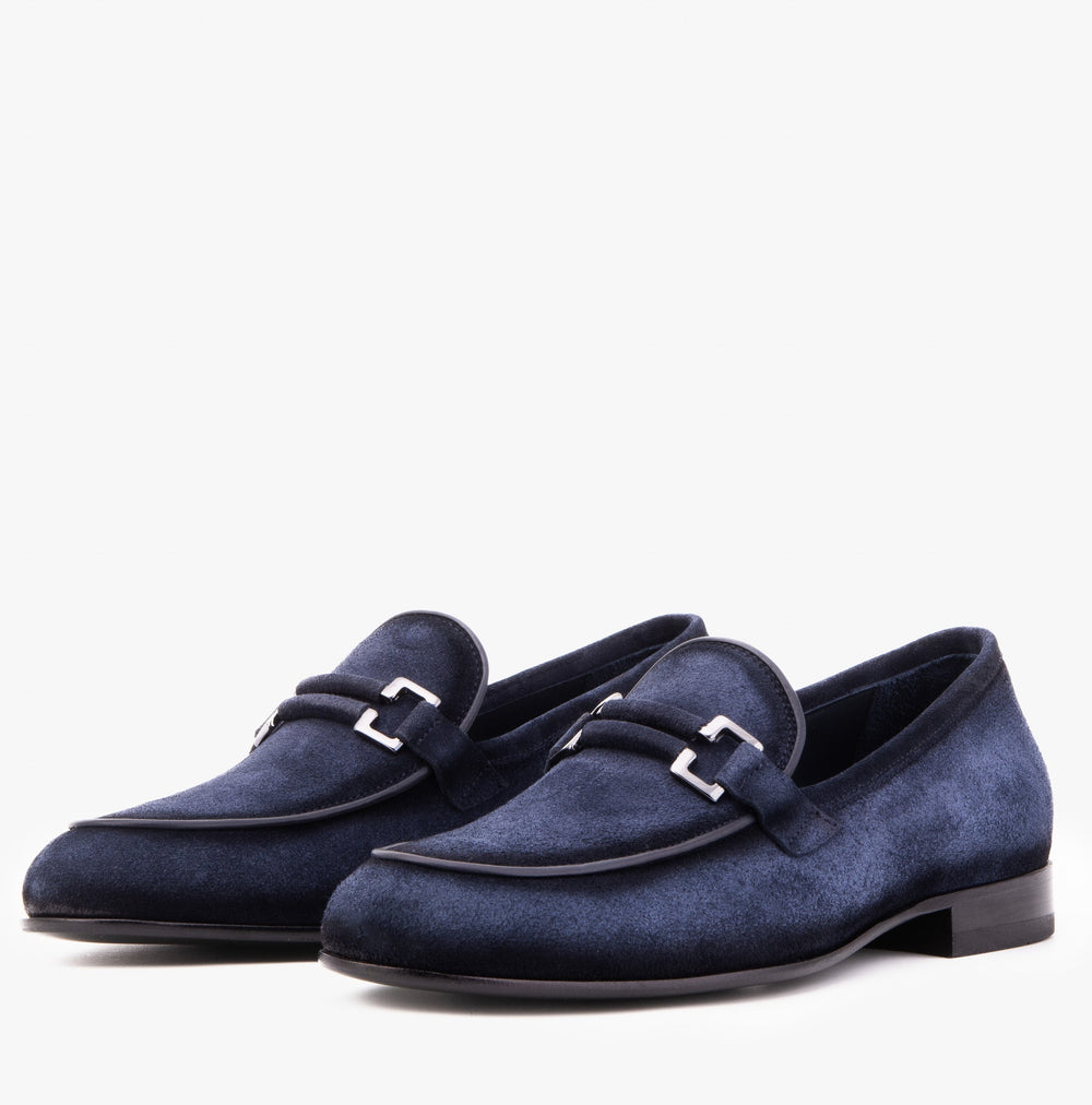 The Brooks Navy Suede Bit Loafer Shoe - Vinci Leather