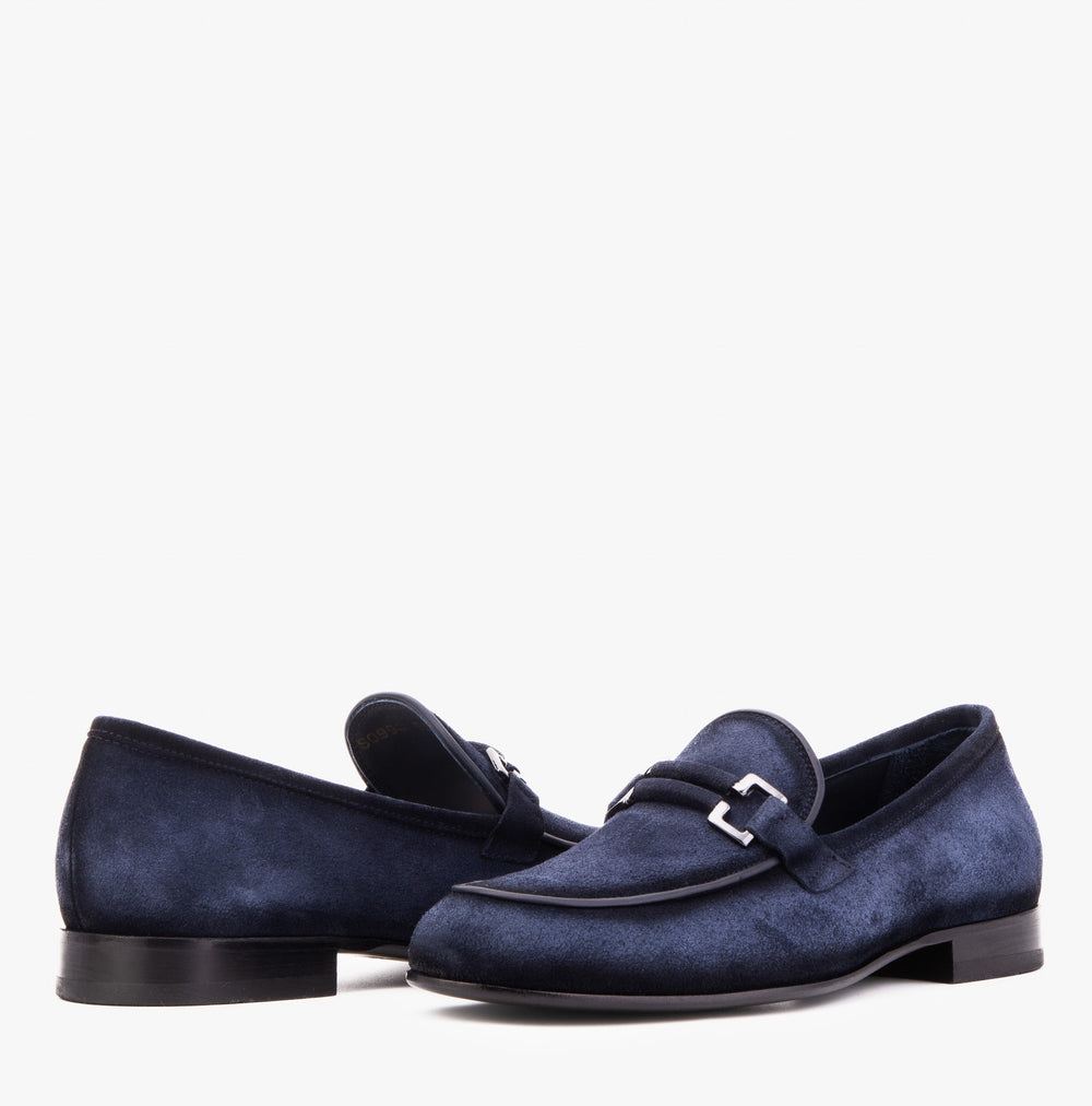 The Brooks Navy Suede Bit Loafer Shoe - Vinci Leather