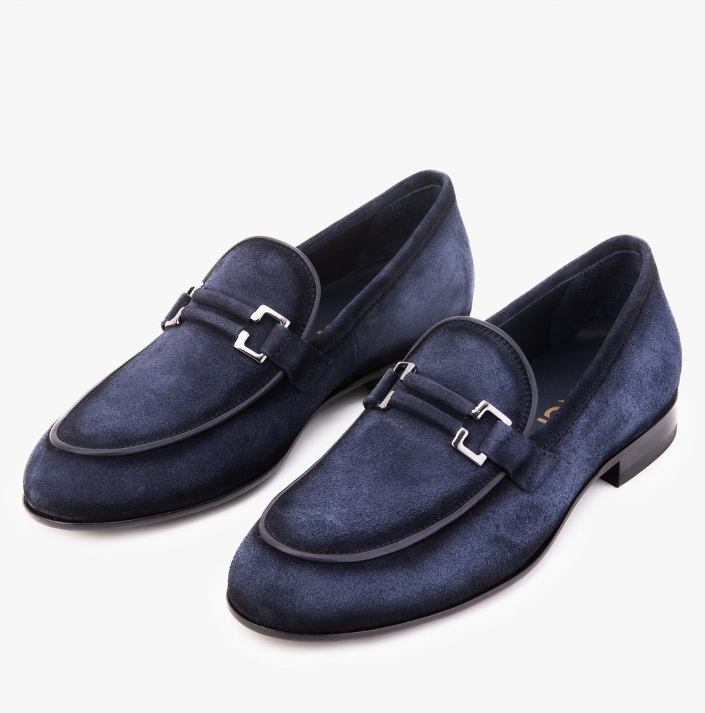 The Brooks Navy Suede Bit Loafer Shoe - Vinci Leather