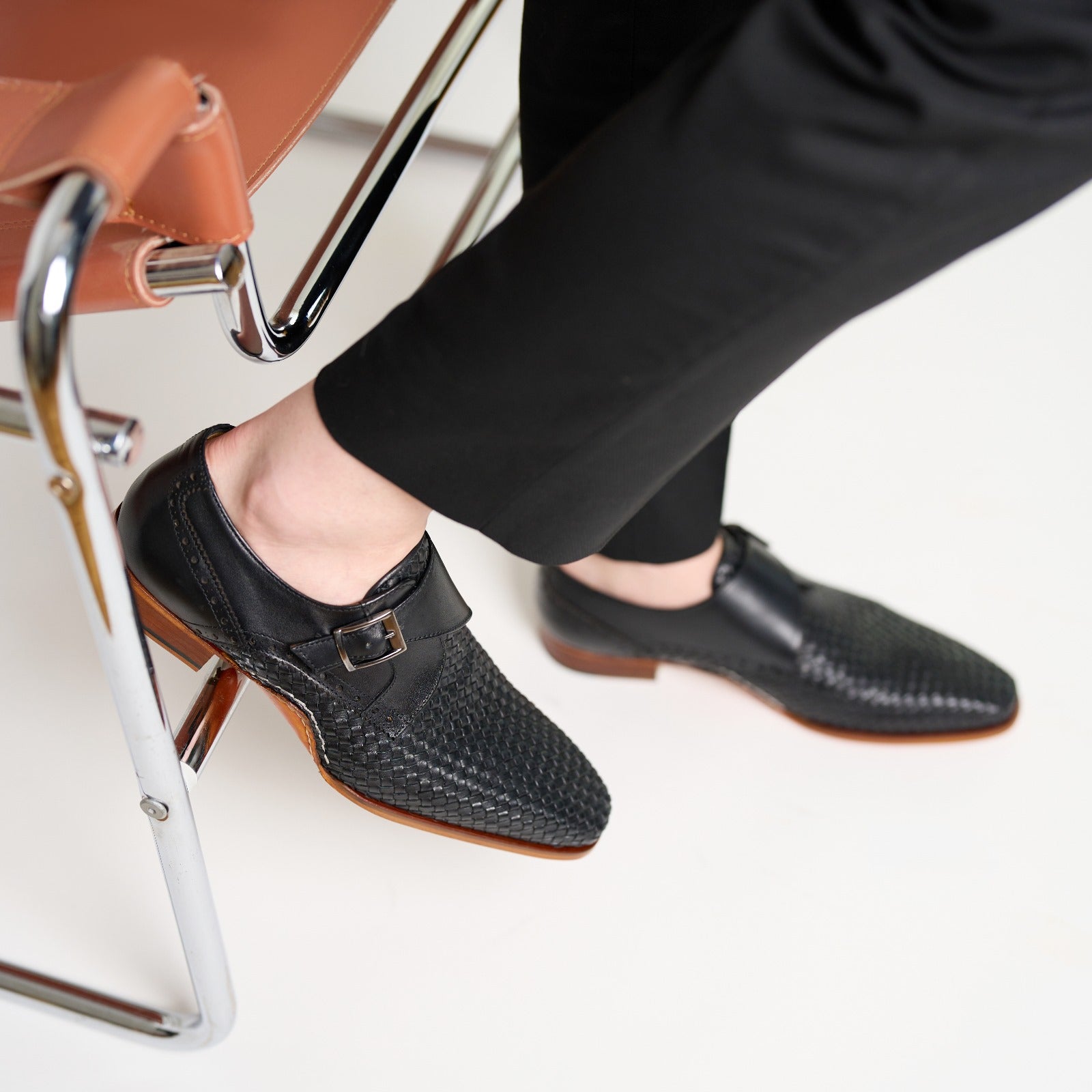 The Rolls  Woven Black Leather Single Monk Strap  Handmade Shoe - Vinci Leather