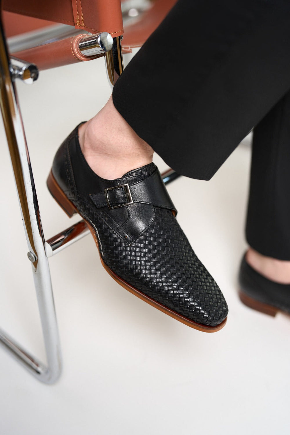 The Rolls  Woven Black Leather Single Monk Strap  Handmade Shoe - Vinci Leather