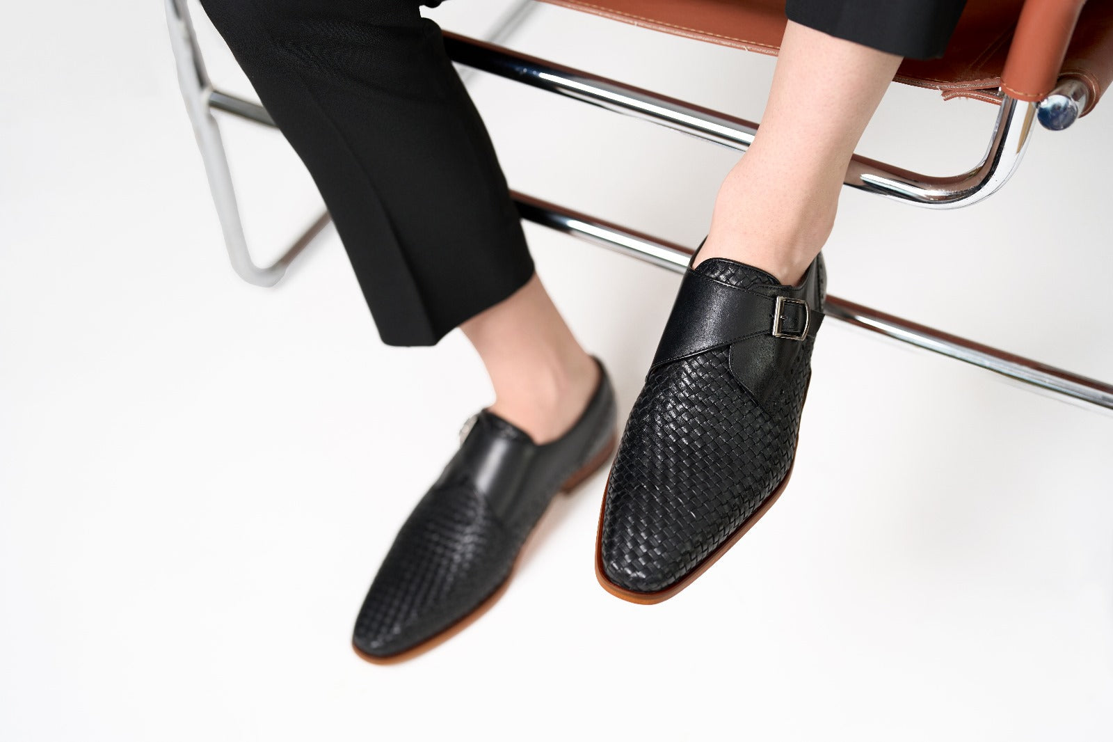 The Rolls  Woven Black Leather Single Monk Strap  Handmade Shoe - Vinci Leather