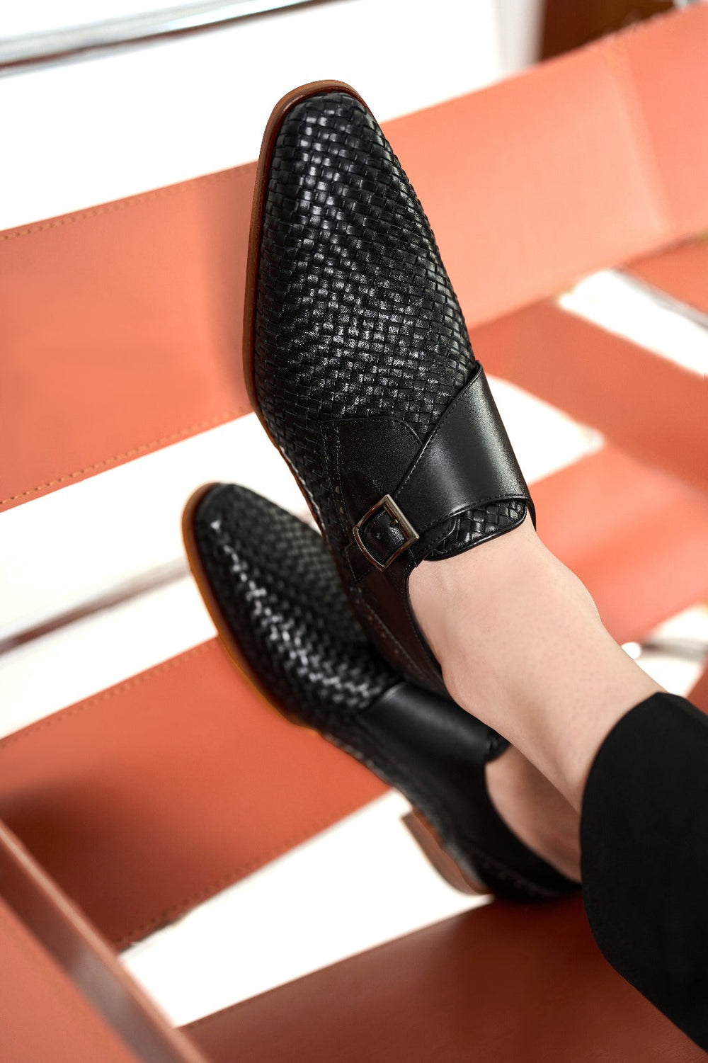 The Rolls  Woven Black Leather Single Monk Strap  Handmade Shoe - Vinci Leather