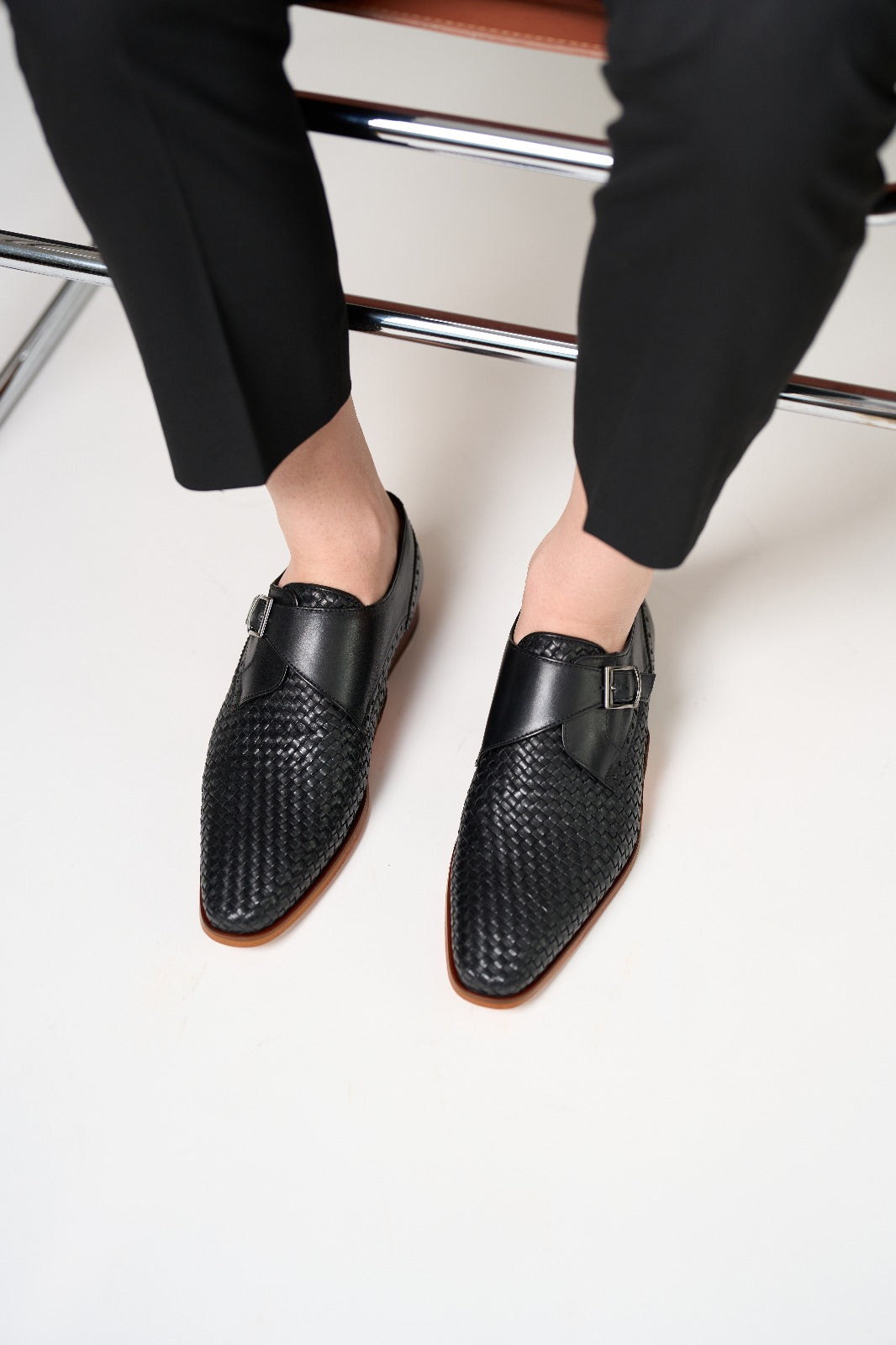 The Rolls  Woven Black Leather Single Monk Strap  Handmade Shoe - Vinci Leather
