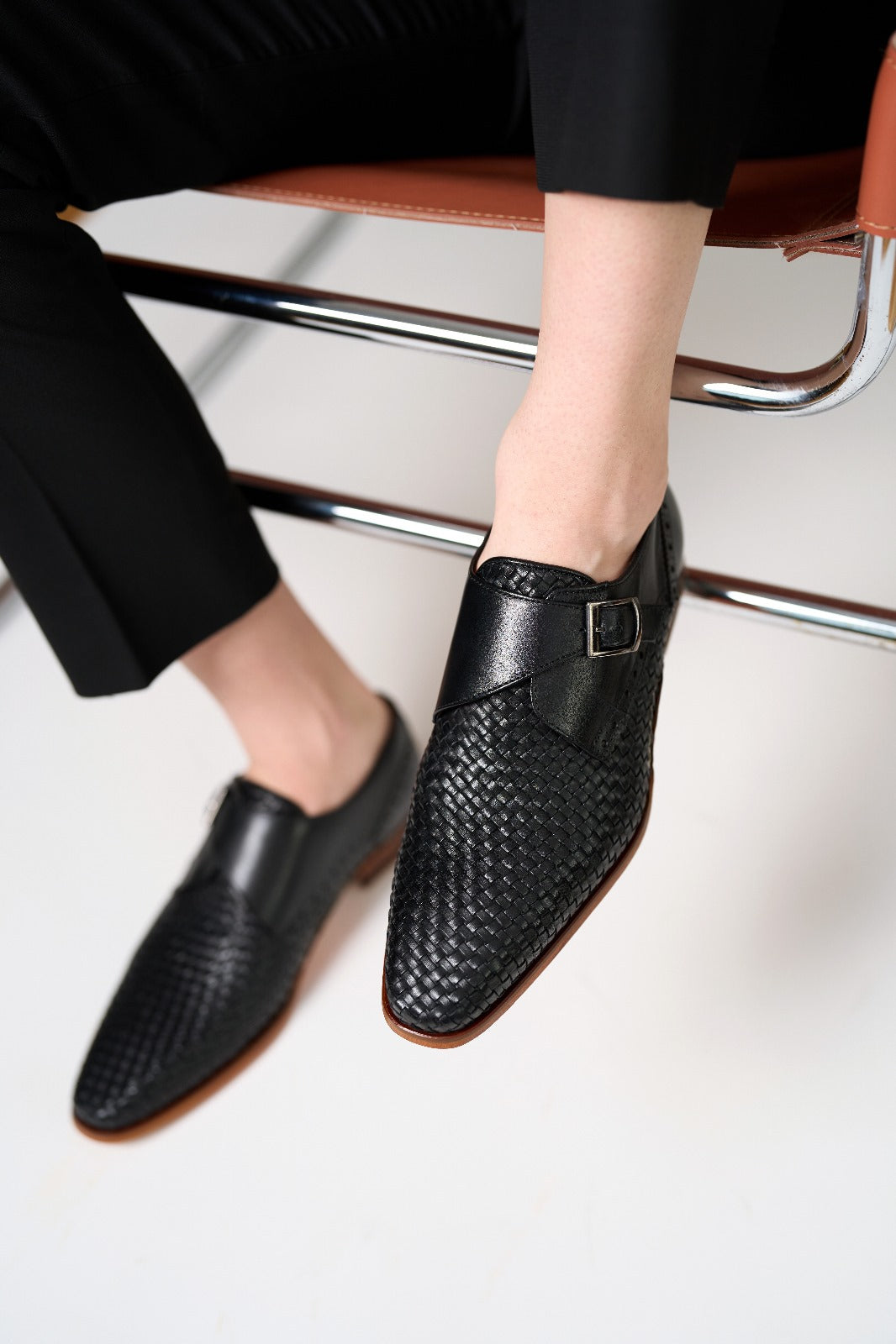 The Rolls  Woven Black Leather Single Monk Strap  Handmade Shoe - Vinci Leather