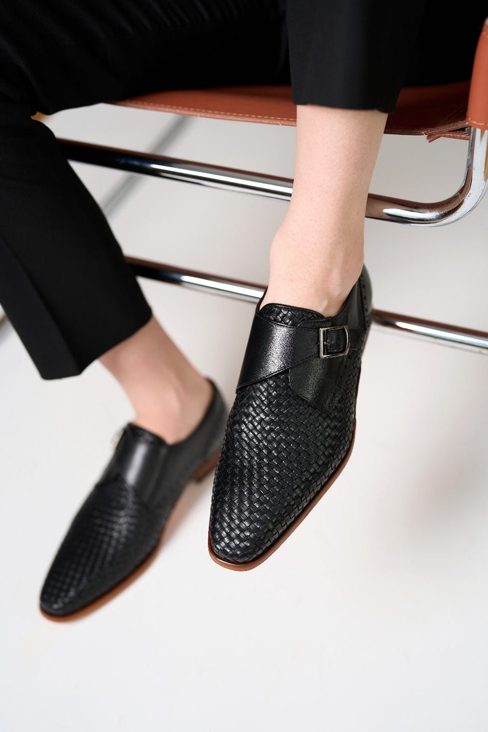 The Rolls  Woven Black Leather Single Monk Strap  Handmade Shoe - Vinci Leather