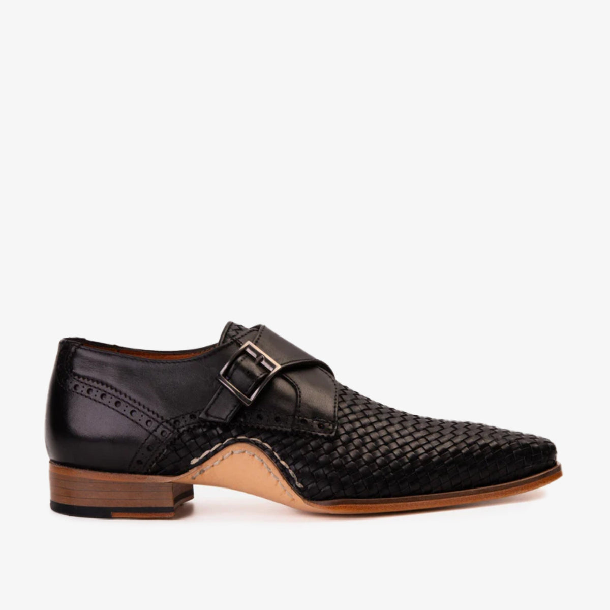 The Rolls  Woven Black Leather Single Monk Strap  Handmade Shoe - Vinci Leather