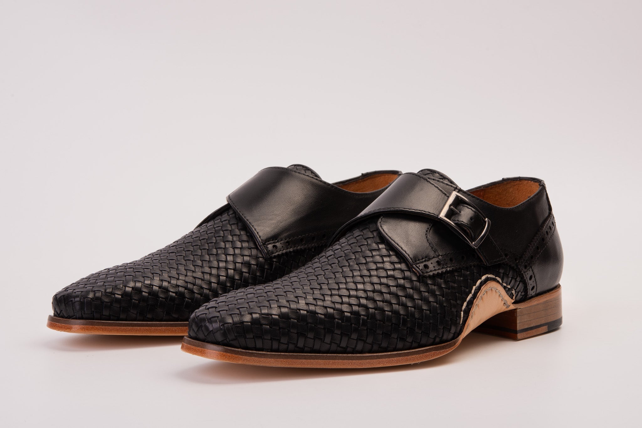 The Rolls  Woven Black Leather Single Monk Strap  Handmade Shoe - Vinci Leather