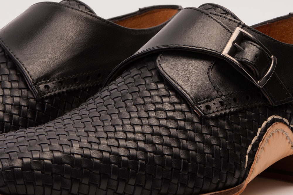 The Rolls  Woven Black Leather Single Monk Strap  Handmade Shoe - Vinci Leather