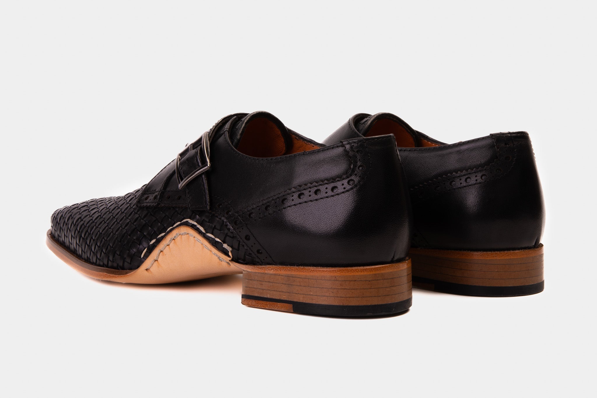 The Rolls  Woven Black Leather Single Monk Strap  Handmade Shoe - Vinci Leather