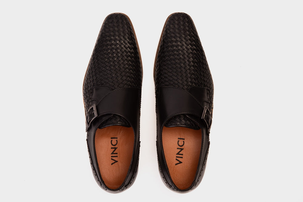 The Rolls  Woven Black Leather Single Monk Strap  Handmade Shoe - Vinci Leather