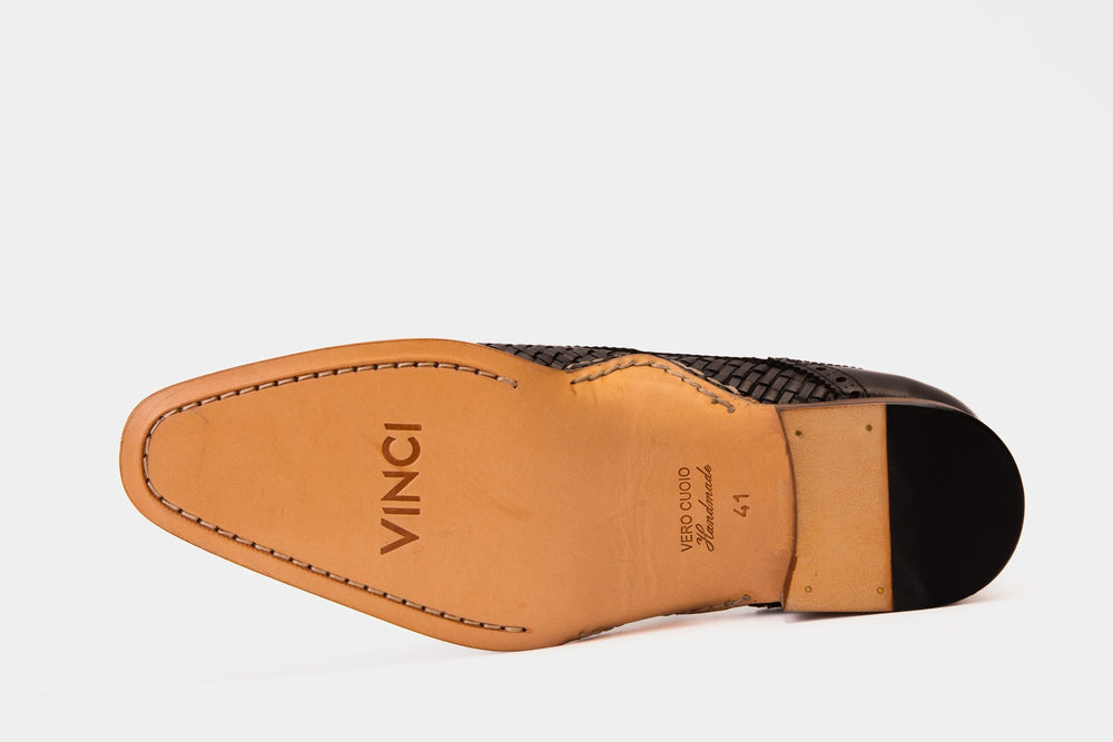 The Rolls  Woven Black Leather Single Monk Strap  Handmade Shoe - Vinci Leather