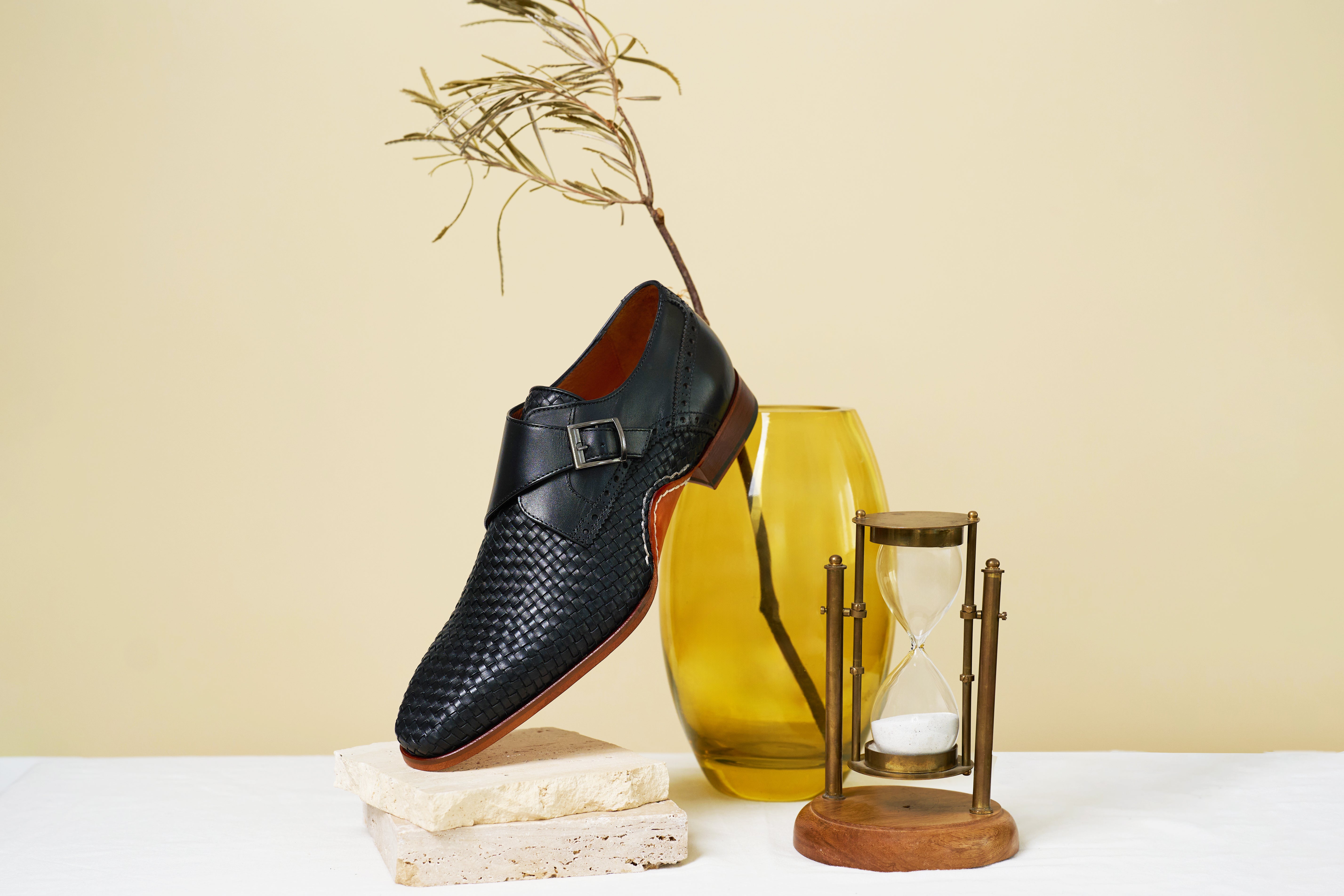 The Rolls  Woven Black Leather Single Monk Strap  Handmade Shoe - Vinci Leather
