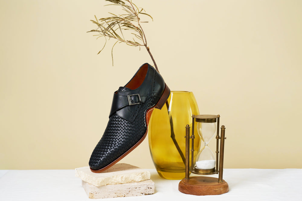 The Rolls  Woven Black Leather Single Monk Strap  Handmade Shoe - Vinci Leather