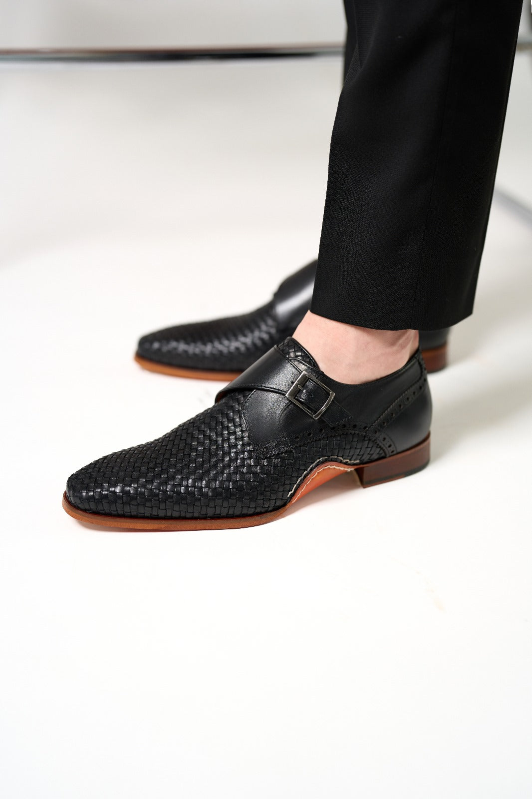The Rolls  Woven Black Leather Single Monk Strap  Handmade Shoe - Vinci Leather