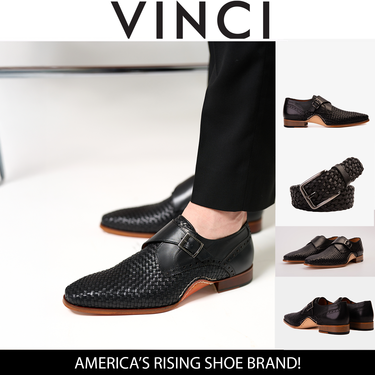 The Rolls  Woven Black Leather Single Monk Strap  Handmade Shoe - Vinci Leather