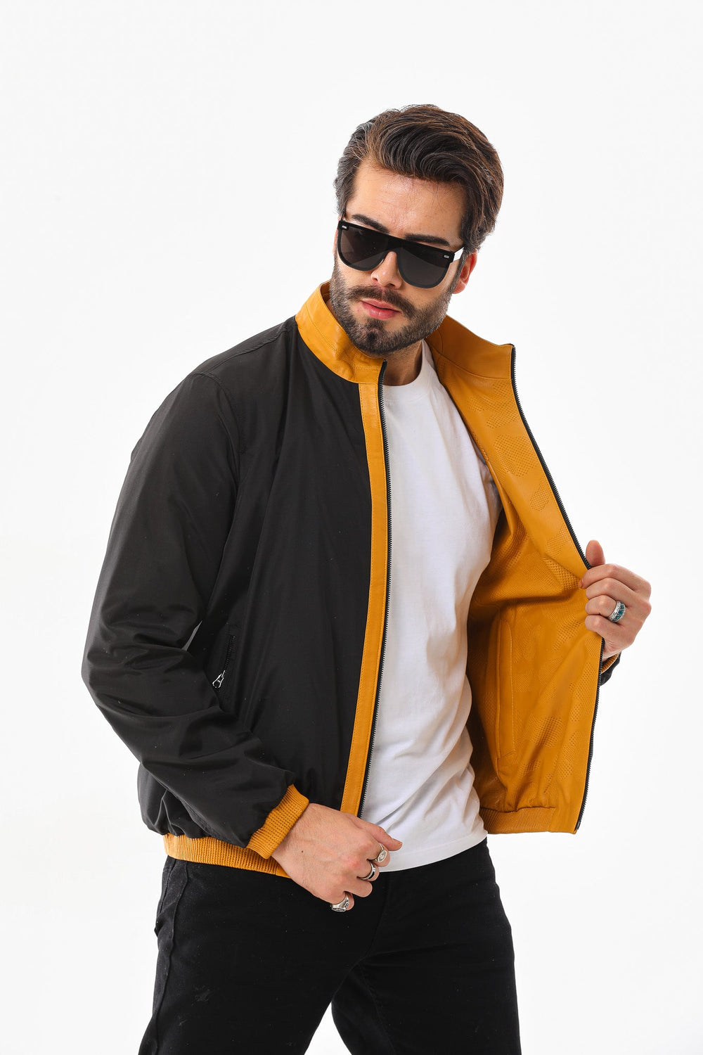 The Como Reversible Mustard Yellow Black Leather Bomber Jacket - Vinci Leather