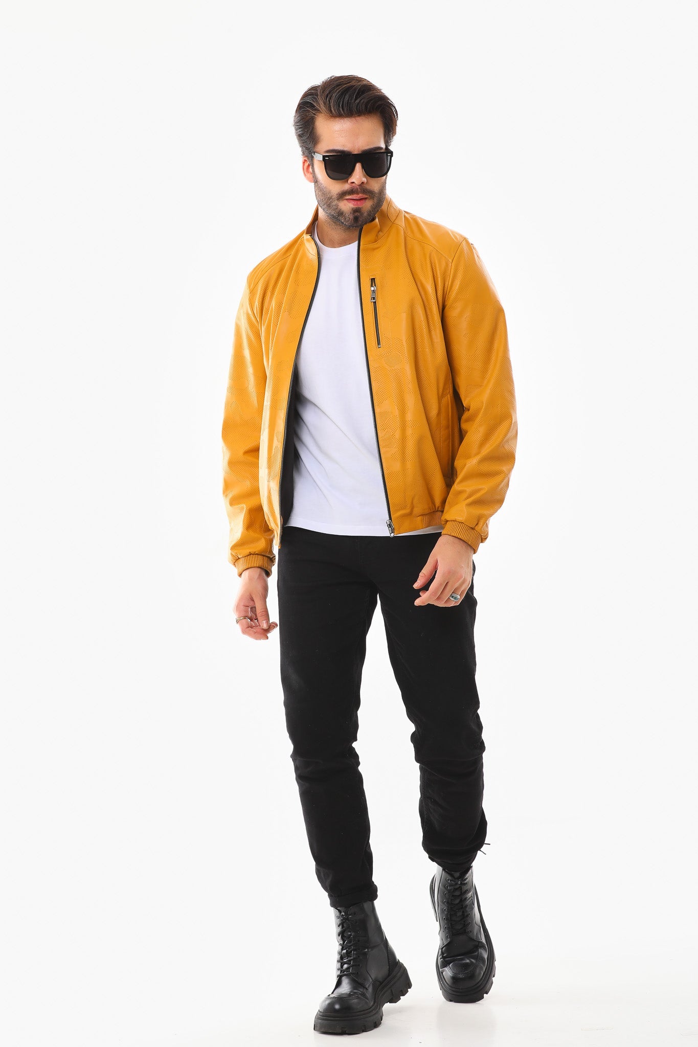 The Como Reversible Mustard Yellow Black Leather Bomber Jacket - Vinci Leather