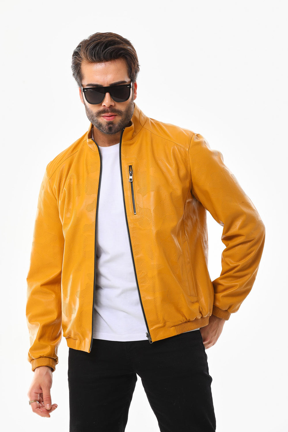 The Como Reversible Mustard Yellow Black Leather Bomber Jacket - Vinci Leather