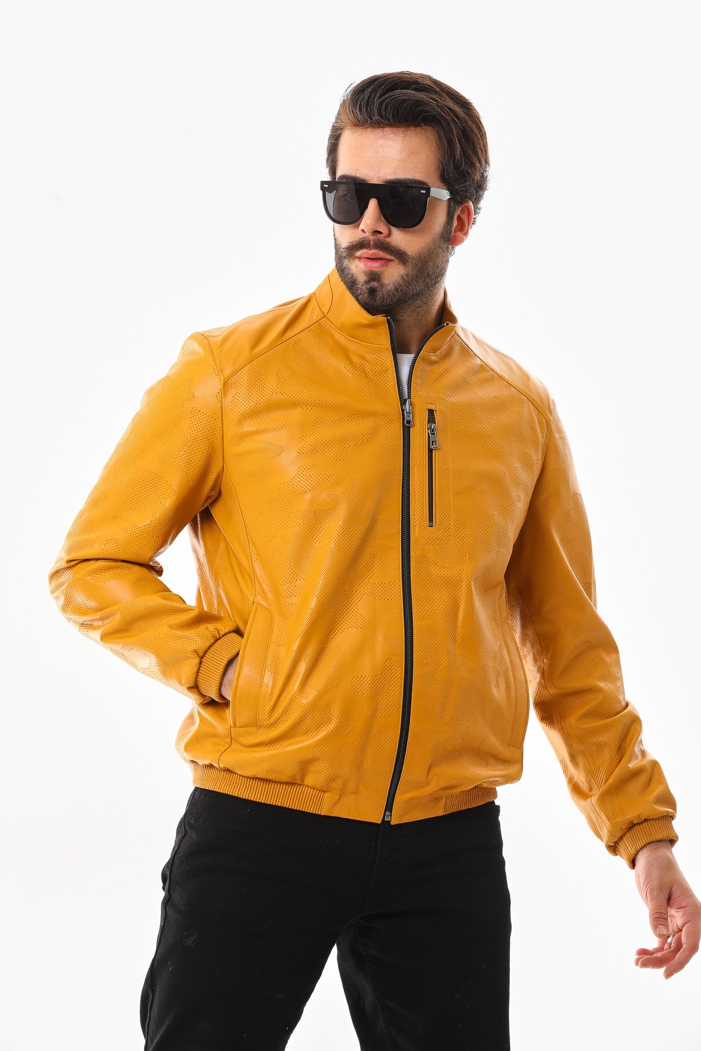 The Como Reversible Mustard Yellow Black Leather Bomber Jacket - Vinci Leather